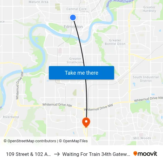 109 Street & 102 Avenue to Waiting For Train 34th Gateway Blvd. map