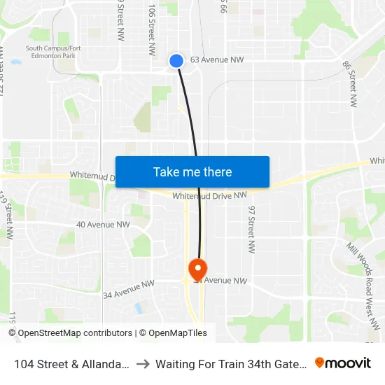 104 Street & Allandale Road to Waiting For Train 34th Gateway Blvd. map