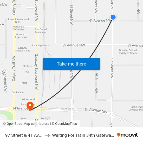 97 Street & 41 Avenue to Waiting For Train 34th Gateway Blvd. map