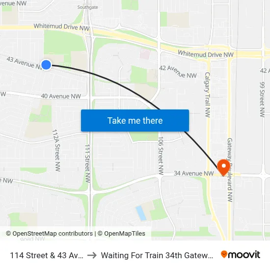 114 Street & 43 Avenue to Waiting For Train 34th Gateway Blvd. map