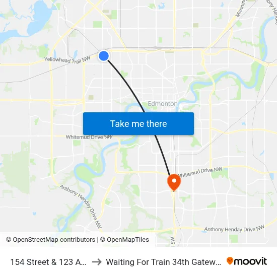 154 Street & 123 Avenue to Waiting For Train 34th Gateway Blvd. map