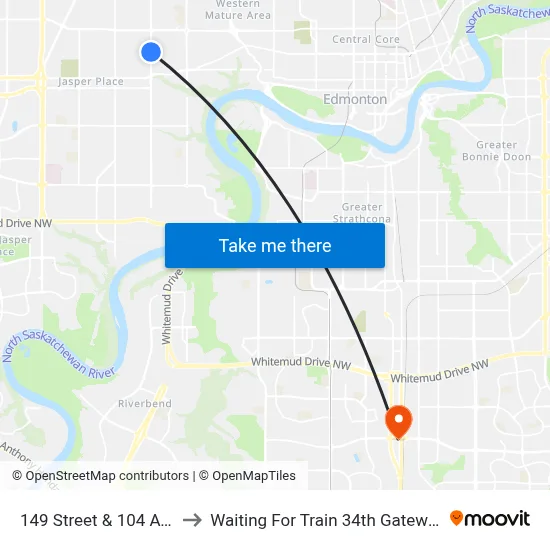 149 Street & 104 Avenue to Waiting For Train 34th Gateway Blvd. map