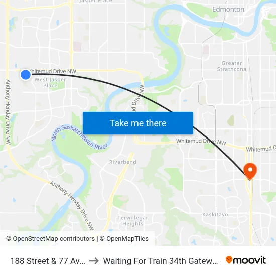188 Street & 77 Avenue to Waiting For Train 34th Gateway Blvd. map