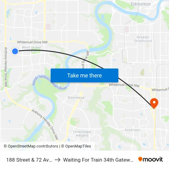 188 Street & 72 Avenue to Waiting For Train 34th Gateway Blvd. map