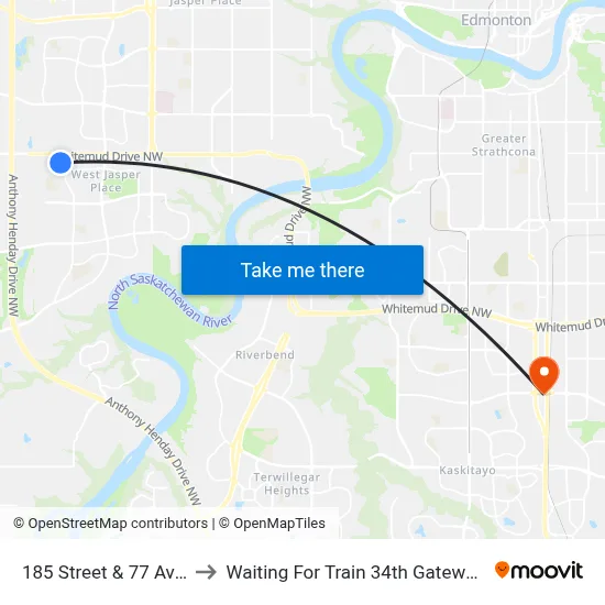 185 Street & 77 Avenue to Waiting For Train 34th Gateway Blvd. map