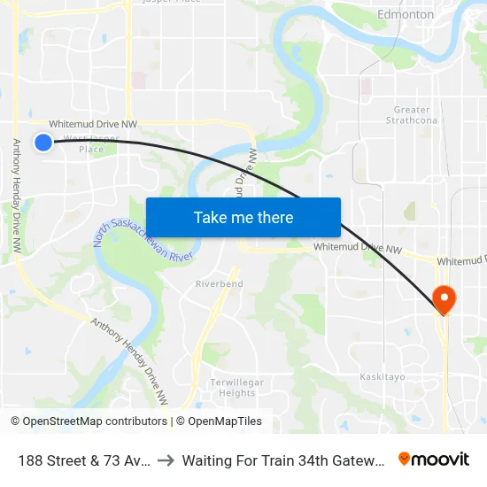 188 Street & 73 Avenue to Waiting For Train 34th Gateway Blvd. map