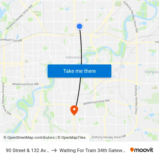 90 Street & 132 Avenue to Waiting For Train 34th Gateway Blvd. map