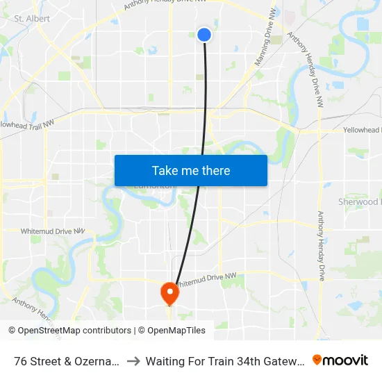 76 Street & Ozerna Road to Waiting For Train 34th Gateway Blvd. map