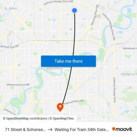 71 Street & Schonsee Drive to Waiting For Train 34th Gateway Blvd. map