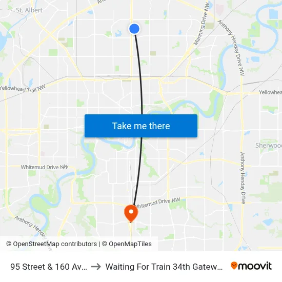 95 Street & 160 Avenue to Waiting For Train 34th Gateway Blvd. map