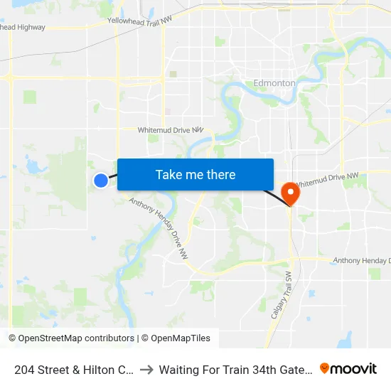 204 Street & Hilton Crescent to Waiting For Train 34th Gateway Blvd. map