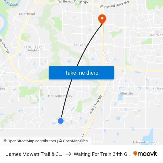 James Mowatt Trail & 35 Avenue SW to Waiting For Train 34th Gateway Blvd. map