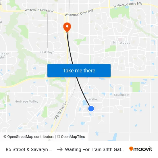 85 Street & Savaryn Drive SW to Waiting For Train 34th Gateway Blvd. map
