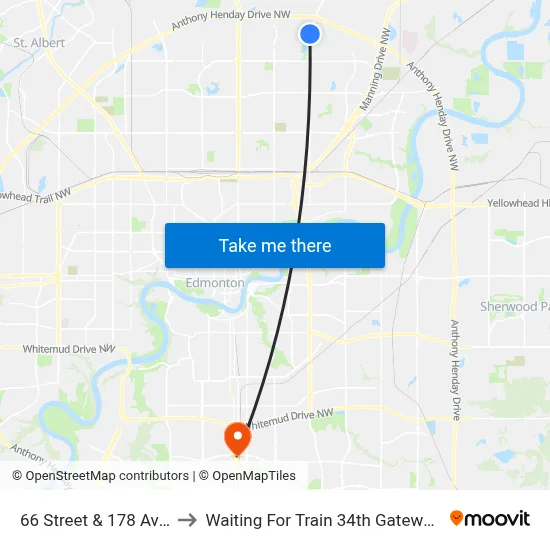 66 Street & 178 Avenue to Waiting For Train 34th Gateway Blvd. map