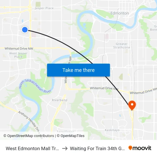 West Edmonton Mall Transit Centre to Waiting For Train 34th Gateway Blvd. map