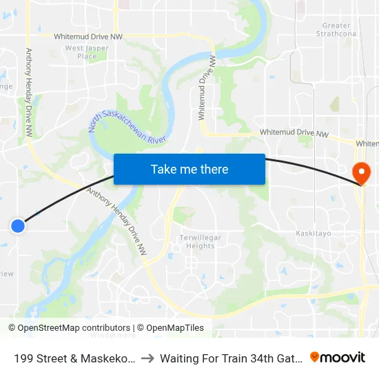 199 Street & Maskekosihk Trail to Waiting For Train 34th Gateway Blvd. map