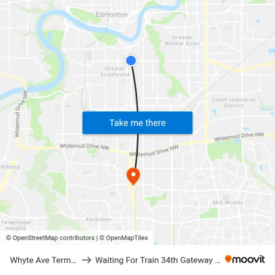 Whyte Ave Terminal to Waiting For Train 34th Gateway Blvd. map