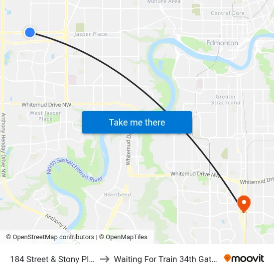184 Street & Stony Plain Road to Waiting For Train 34th Gateway Blvd. map