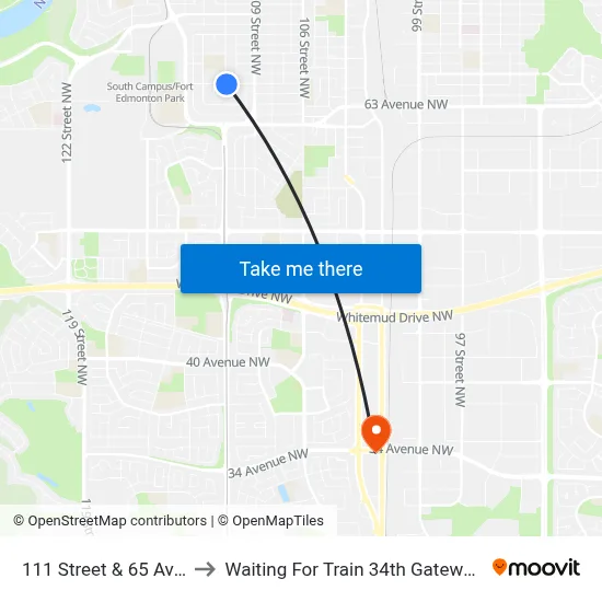 111 Street & 65 Avenue to Waiting For Train 34th Gateway Blvd. map