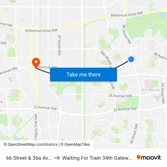 66 Street & 36a Avenue to Waiting For Train 34th Gateway Blvd. map