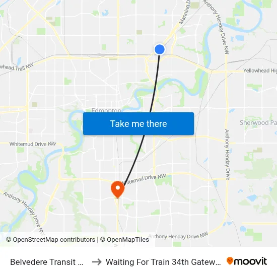 Belvedere Transit Centre to Waiting For Train 34th Gateway Blvd. map