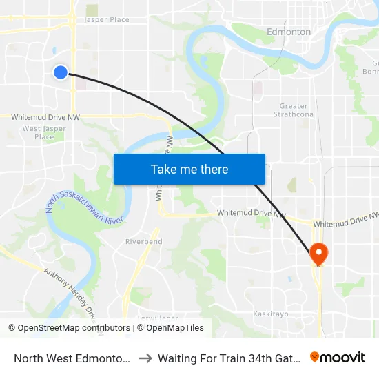 North West Edmonton Mall Tc to Waiting For Train 34th Gateway Blvd. map