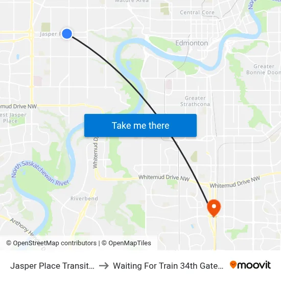 Jasper Place Transit Centre to Waiting For Train 34th Gateway Blvd. map