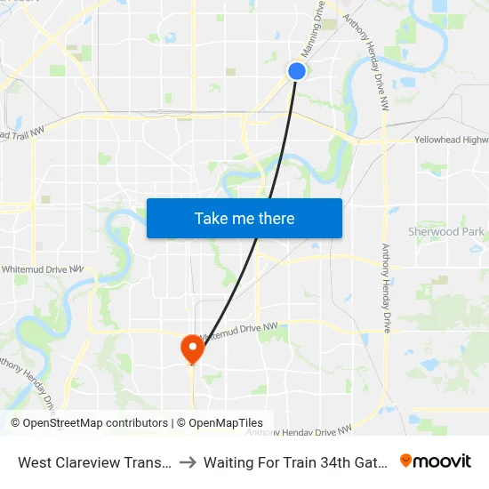 West Clareview Transit Centre to Waiting For Train 34th Gateway Blvd. map