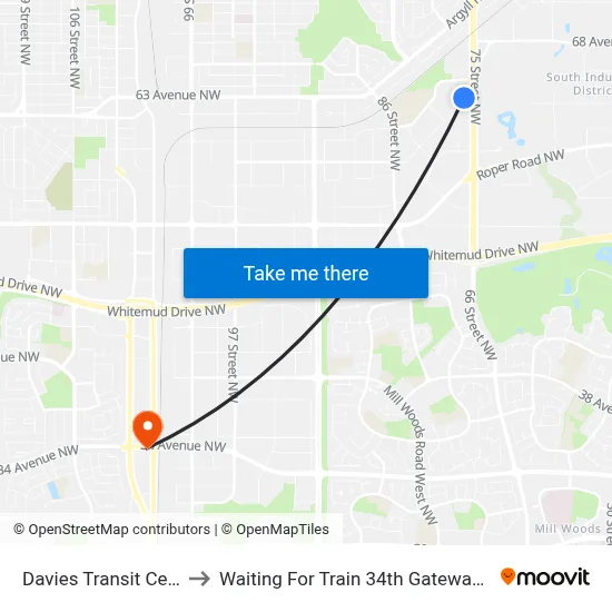 Davies Transit Centre to Waiting For Train 34th Gateway Blvd. map