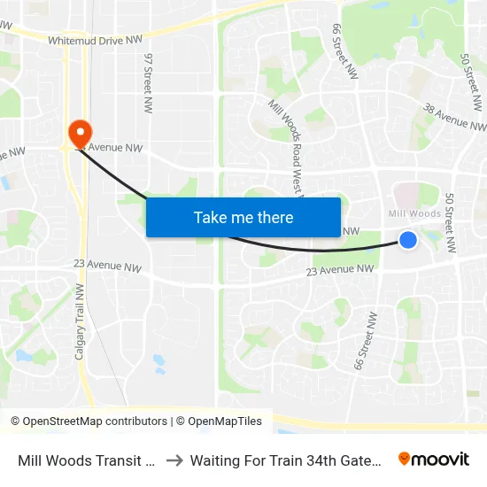 Mill Woods Transit Centre to Waiting For Train 34th Gateway Blvd. map