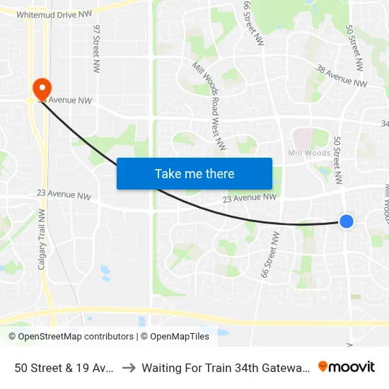 50 Street & 19 Avenue to Waiting For Train 34th Gateway Blvd. map