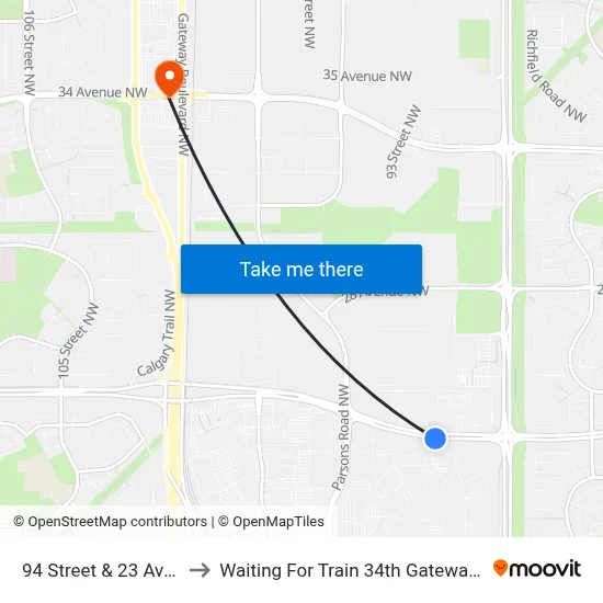 94 Street & 23 Avenue to Waiting For Train 34th Gateway Blvd. map