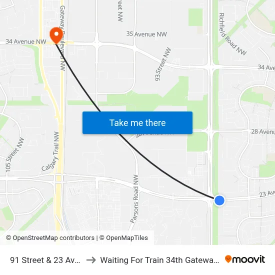 91 Street & 23 Avenue to Waiting For Train 34th Gateway Blvd. map