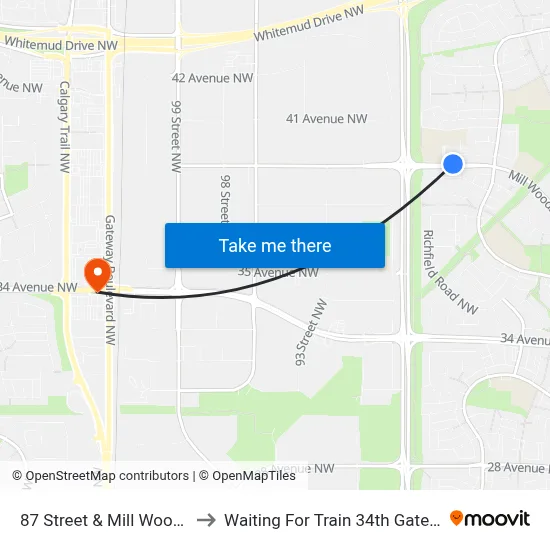 87 Street & Mill Woods Road to Waiting For Train 34th Gateway Blvd. map
