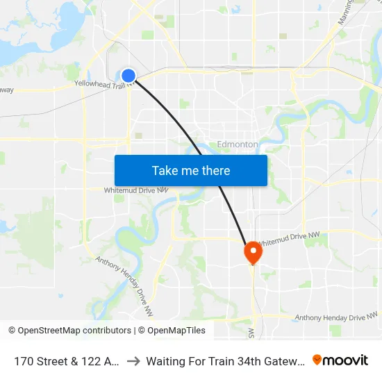 170 Street & 122 Avenue to Waiting For Train 34th Gateway Blvd. map