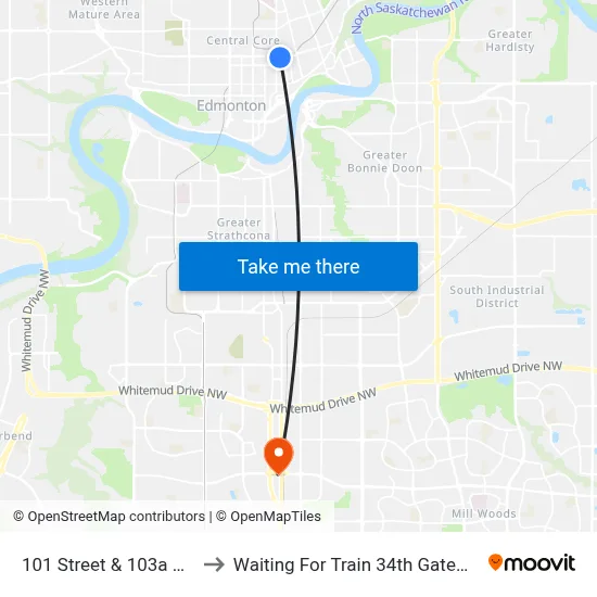 101 Street & 103a Avenue to Waiting For Train 34th Gateway Blvd. map
