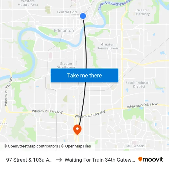 97 Street & 103a Avenue to Waiting For Train 34th Gateway Blvd. map