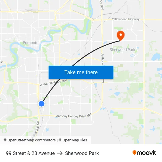 99 Street & 23 Avenue to Sherwood Park map