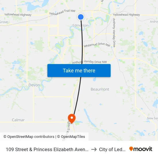 109 Street & Princess Elizabeth Avenue to City of Leduc map