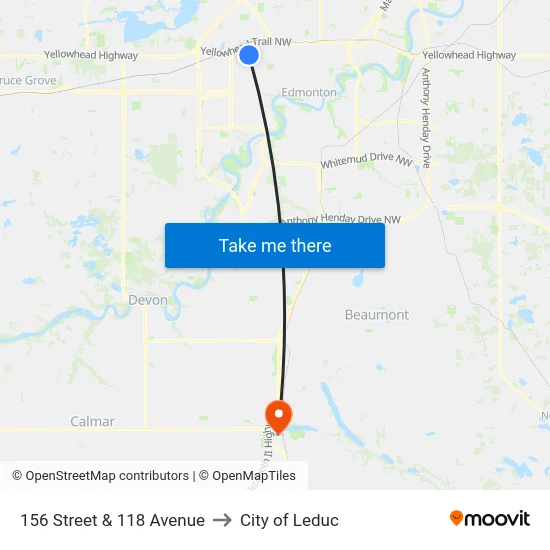 156 Street & 118 Avenue to City of Leduc map