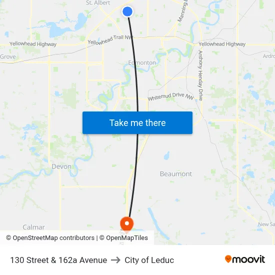 130 Street & 162a Avenue to City of Leduc map