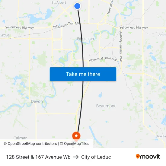 128 Street & 167 Avenue Wb to City of Leduc map
