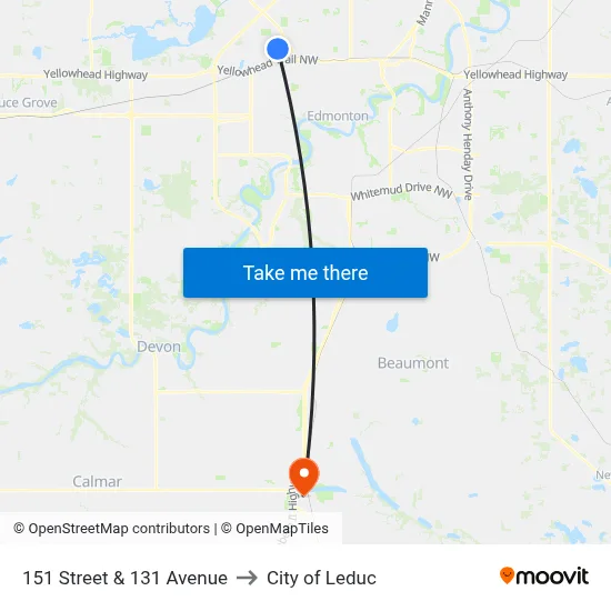 151 Street & 131 Avenue to City of Leduc map