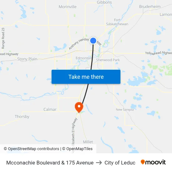 Mcconachie Boulevard & 175 Avenue to City of Leduc map