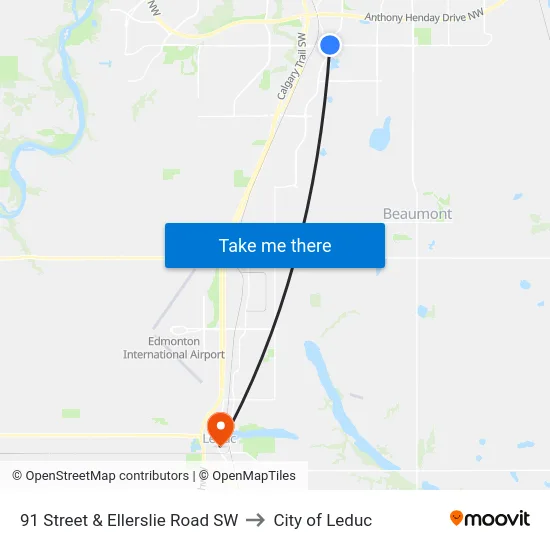 91 Street & Ellerslie Road SW to City of Leduc map