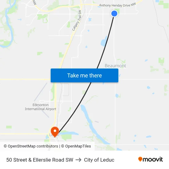 50 Street & Ellerslie Road SW to City of Leduc map