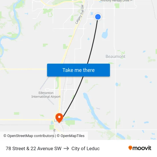 78 Street & 22 Avenue SW to City of Leduc map