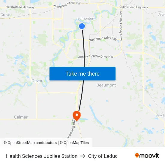 Health Sciences Jubilee Station to City of Leduc map