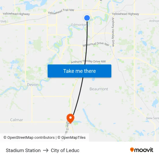 Stadium Station to City of Leduc map