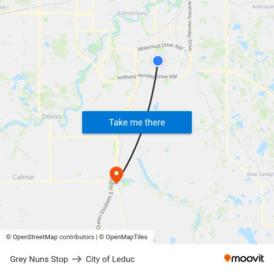Grey Nuns Stop to City of Leduc map